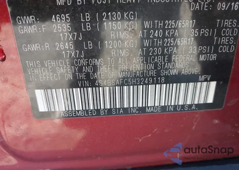 2017 Subaru Outback 2.5I Premium из США, поврежденный, VIN 4S4BSAFC5H3249118